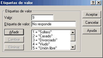 Etiquetas de Valor definidas para la variable Estado Civil