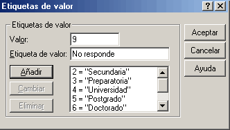 Etiquetas de valor definidas para la variable Nivel de Educacion - Ejemplo Definir propiedades de variables de SPSS en Español