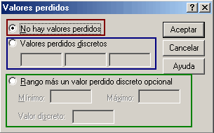 Ventana para definir los Valores Perdidos en SPSS