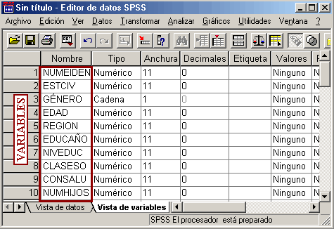 Datos importados desde Excel Vista de Variables de SPSS