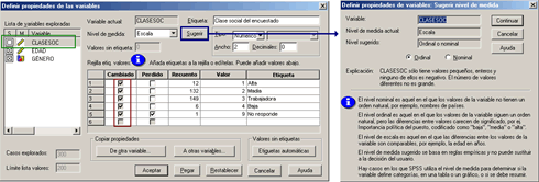 Definiendo las Etiquetas de Valor y el nivel de medida de la variable Clase social -Procedimiento Definir Propiedades de las Variables de SPSS en Español