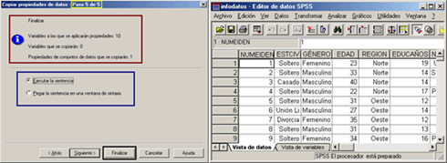 Paso 5: Resumen de las variables y propiedades que seran copiadas - Copiar propiedades de datos en SPSS de Español