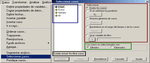 Procedimiento Seleccionar Casos Ventana principal del Procedimiento - Depurando información en SPSS