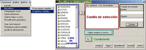 Recodificar variables: Abrir procedimiento Recodificar en distintas variables - Vantana principal del procedimiento REcodificar en distintas variables de SPSS