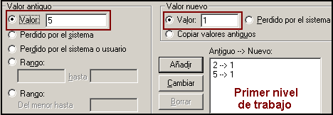 Primer nivel de Trabajo recodificado: Asignar el valor uno a las categorias 2 y 5 - Recodificando en Distintas variables de SPSS