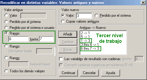 Asignacion de los Valores de los tres niveles - Valores finales para los tres niveles de Trabajo - Recodificar en distintas variables de SPSS