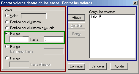 Definir los valores que seran contados dentro de las variables : Contar Apariciones de SPSS