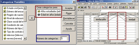 Deniniendo las variables que seran categorizadas (Crear Clases, Niveles, Intervalos o Grupos) - Resultado del Procedimiento Categorizar Variables de SPSS