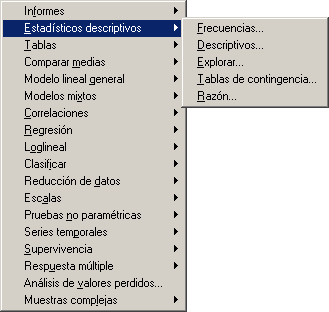 Menu Analizar: Abrir Estadisticos Descriptivos - Generando Analisis descriptivos con SPSS