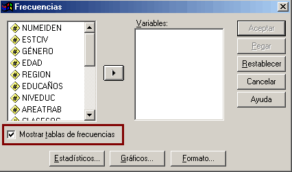 Opcion Mostrar Tablas de Frecuencia del Procedimiento Frecuencias de SPSS - Generar analisis descriptivos con SPSS