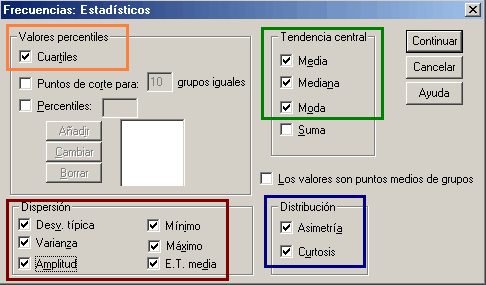 Opcion Estadisticos del procedimiento frecuencias - Frecuencias para variables de Escala 