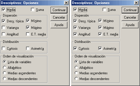 Definir las opciones del procedimiento descriptivo - Estadisticos seleccionados