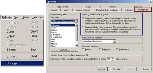 Opciones de Guardado de los Graficos de SPSS - Ventana Opciones de Resultados ( Aqui se le puede definir al programa que guarde los Datos con los Graficos para mantener la opcion de edicion activa)