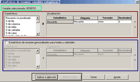 Estadisticos en las Tablas personalizadas de SPSS - Ventana principal de los estadisticos