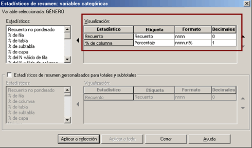 Definir Estadisticos para tablas personalizadas de SPSS