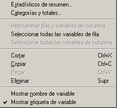 Manu desplegable del generador de tablas personalizadas de SPSS -  Activar o desactivar etiquetas de las variables en los resultados de las tablas