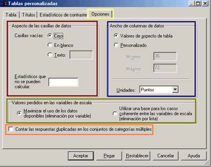 Pestaña Opciones: Opciones del generador de tablas personalizadas de SPSS